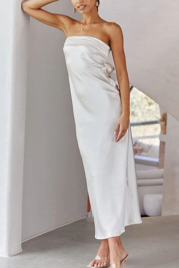Strapless Satin Column Maxi Dress - White - 1