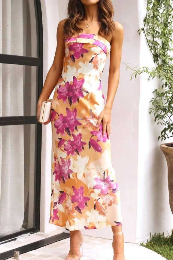Strapless Satin Column Maxi Dress