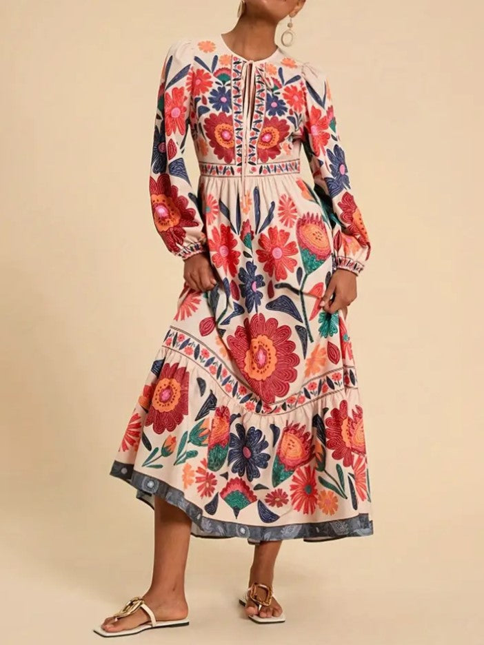 Folk Floral Long Sleeve Tiered Maxi Dress - Apricot