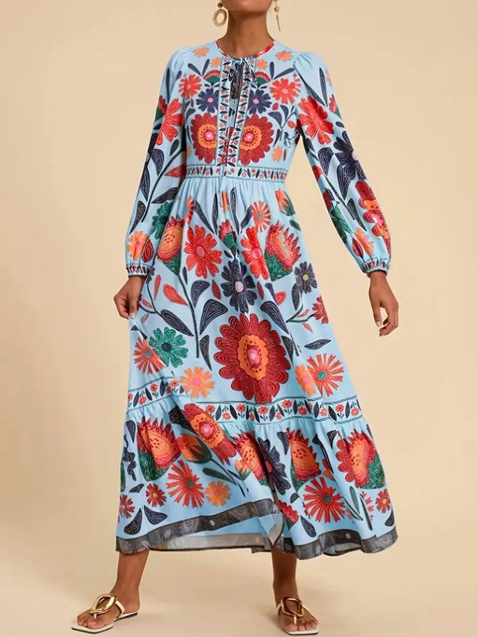 Folk Floral Long Sleeve Tiered Maxi Dress - Blue