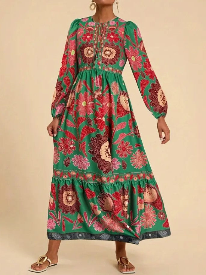 Folk Floral Long Sleeve Tiered Maxi Dress - Green