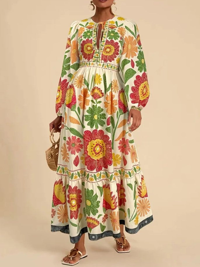 Folk Floral Long Sleeve Tiered Maxi Dress - Yellow