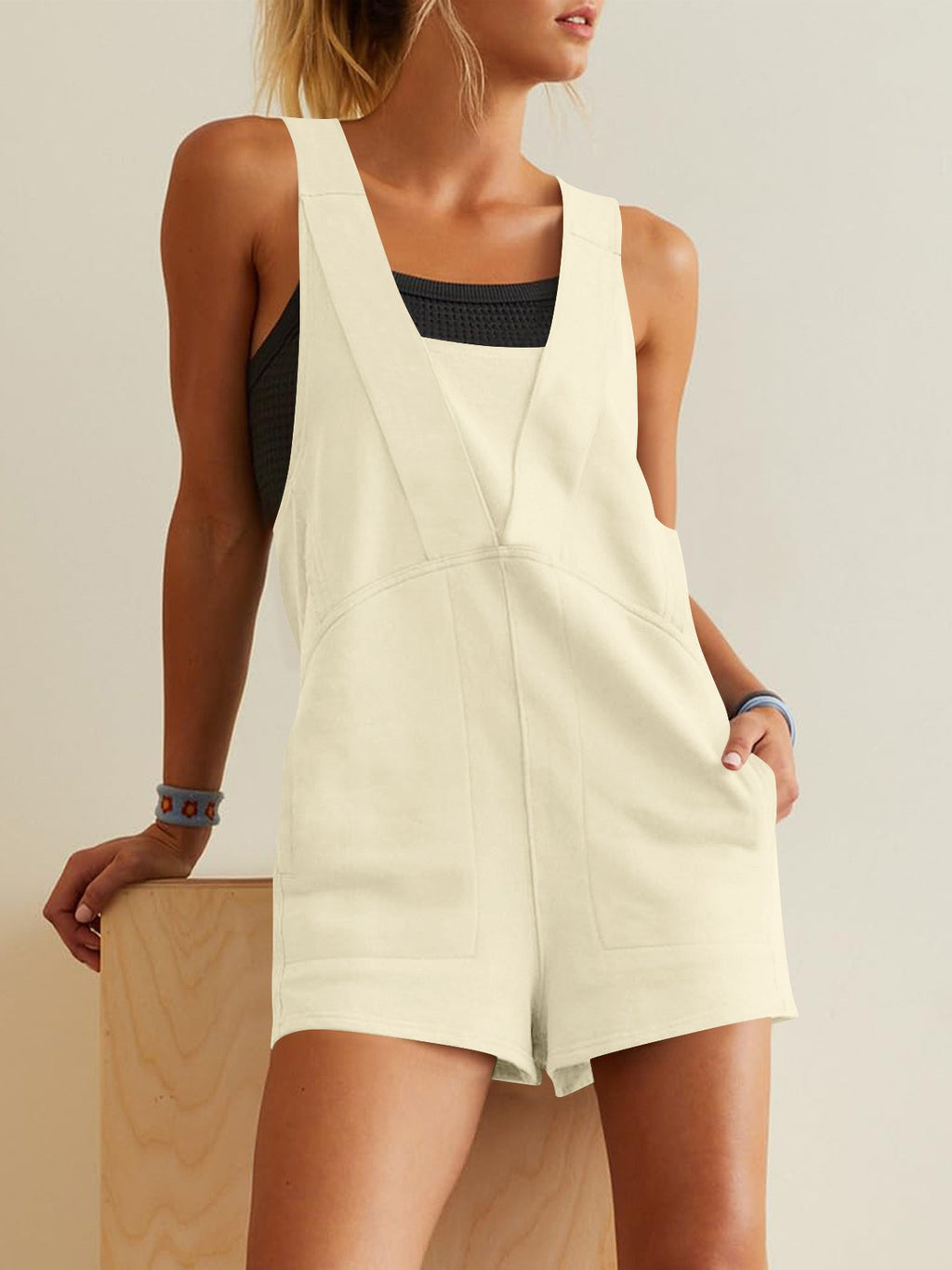 Sleeveless Overall Romper With Pockets - Beige
