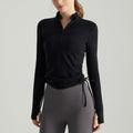 Ruched Drawstring Half Zip Fitted Long Sleeve Gym Top - Black