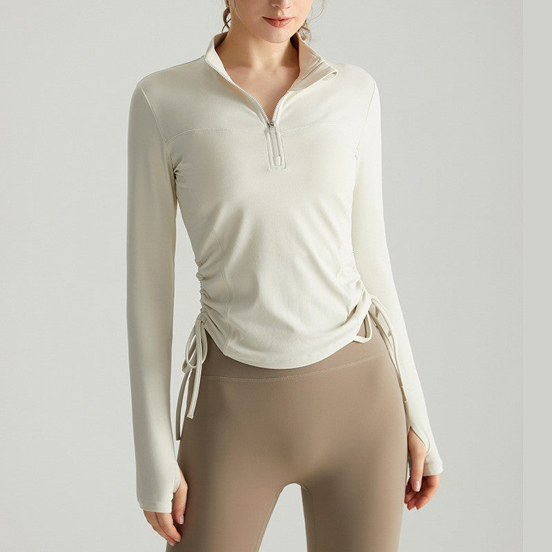 Ruched Drawstring Half Zip Fitted Long Sleeve Gym Top