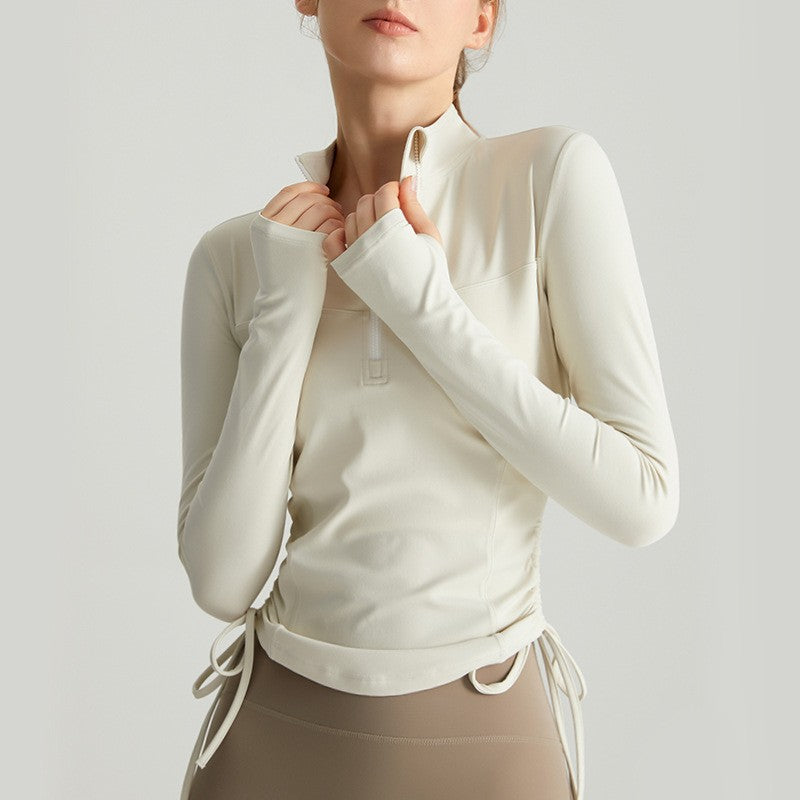 Ruched Drawstring Half Zip Fitted Long Sleeve Gym Top