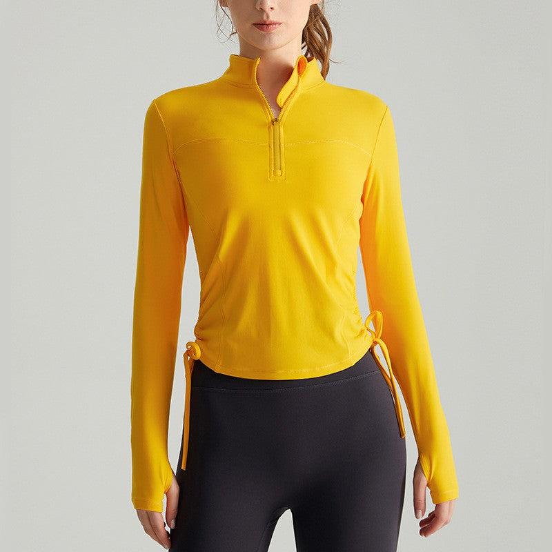 Ruched Drawstring Half Zip Fitted Long Sleeve Gym Top