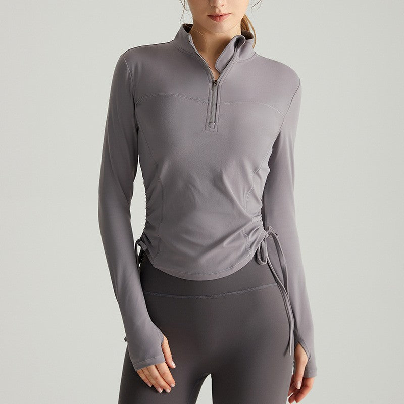 Ruched Drawstring Half Zip Fitted Long Sleeve Gym Top