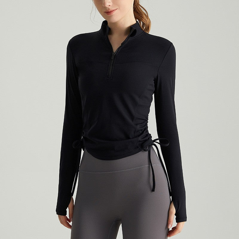 Ruched Drawstring Half Zip Fitted Long Sleeve Gym Top