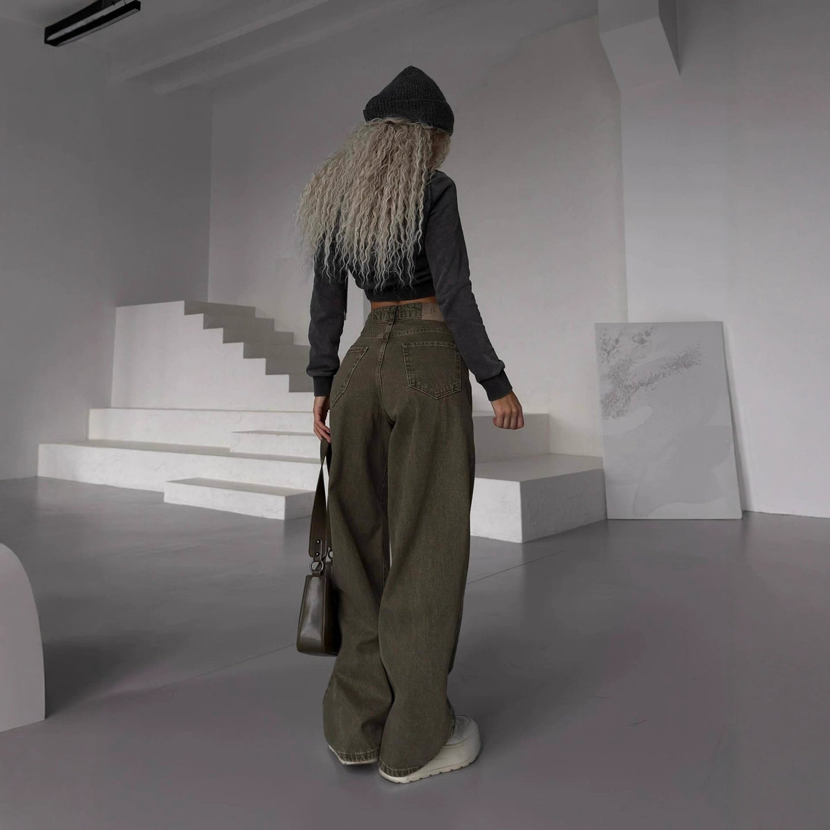 Olive High Rise Washed Baggy Wide Leg Jeans