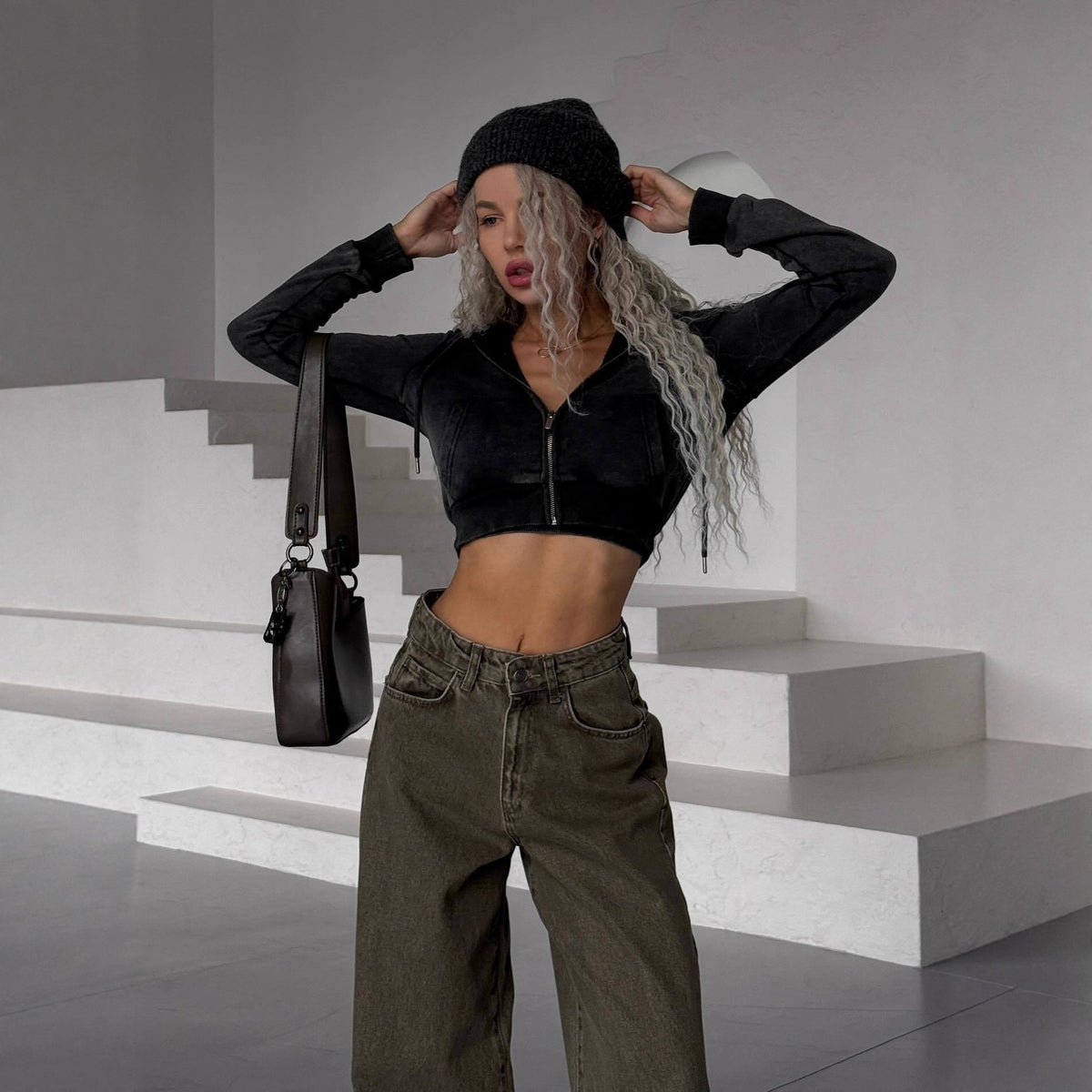 Olive High Rise Washed Baggy Wide Leg Jeans