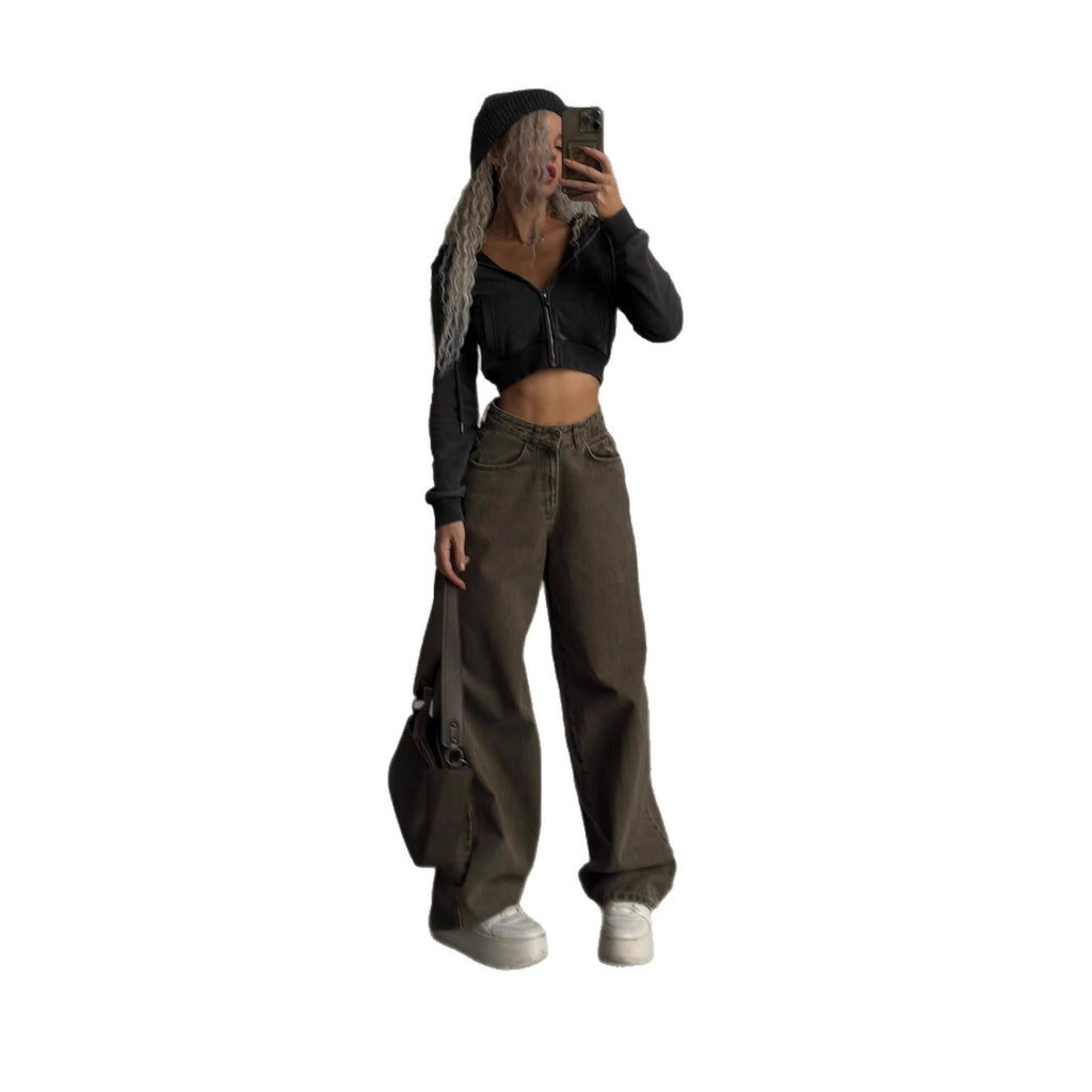 Olive High Rise Washed Baggy Wide Leg Jeans