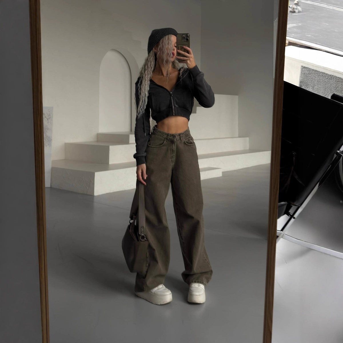 Olive High Rise Washed Baggy Wide Leg Jeans