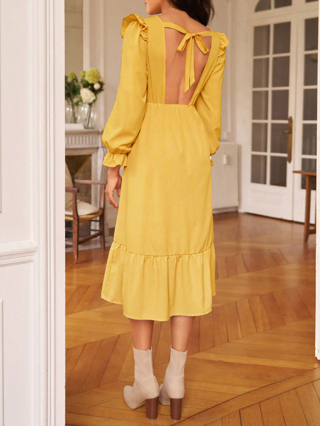Ruffle Trim Open Back Midi Dress - Yellow - 1
