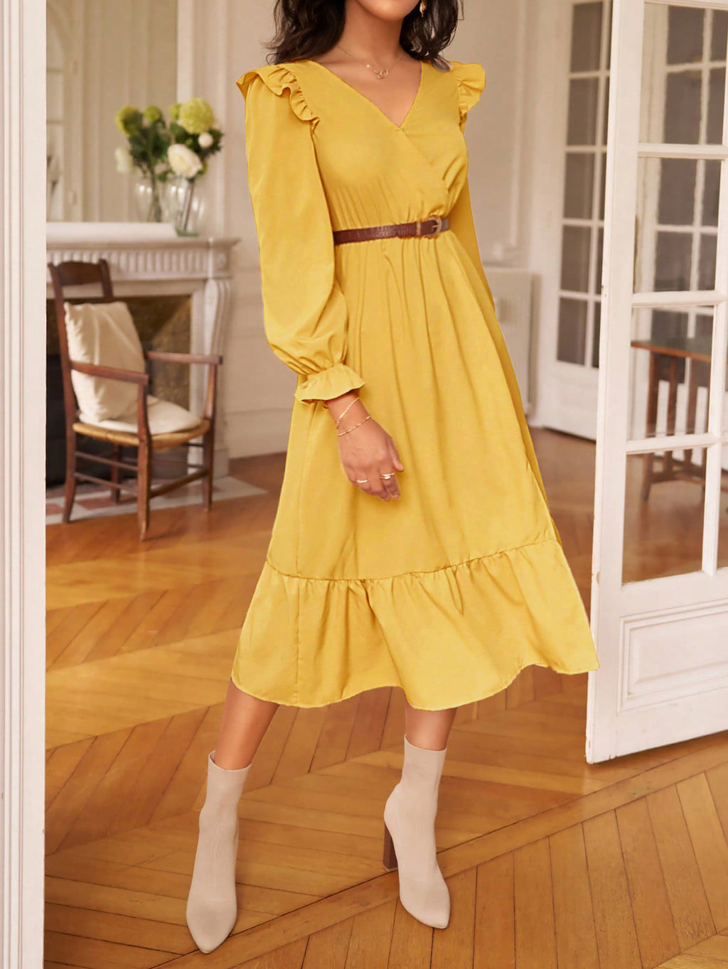 Ruffle Trim Open Back Midi Dress - Yellow - 2