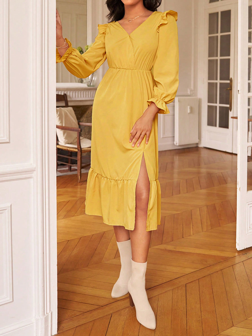 Ruffle Trim Open Back Midi Dress - Yellow - 3