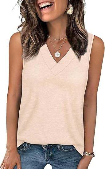 Curved Hem V Neck Sleeveless Tank - Apricot