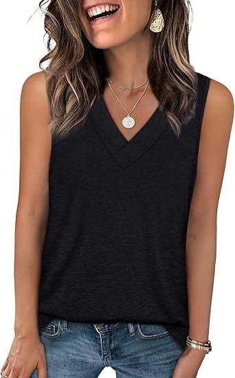 Curved Hem V Neck Sleeveless Tank - Black
