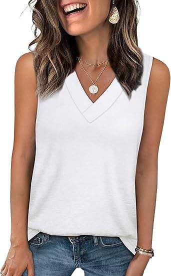 Curved Hem V Neck Sleeveless Tank - White