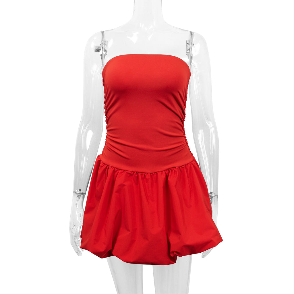 Strapless Ruched Bubble Hem Mini Dress - red - 1