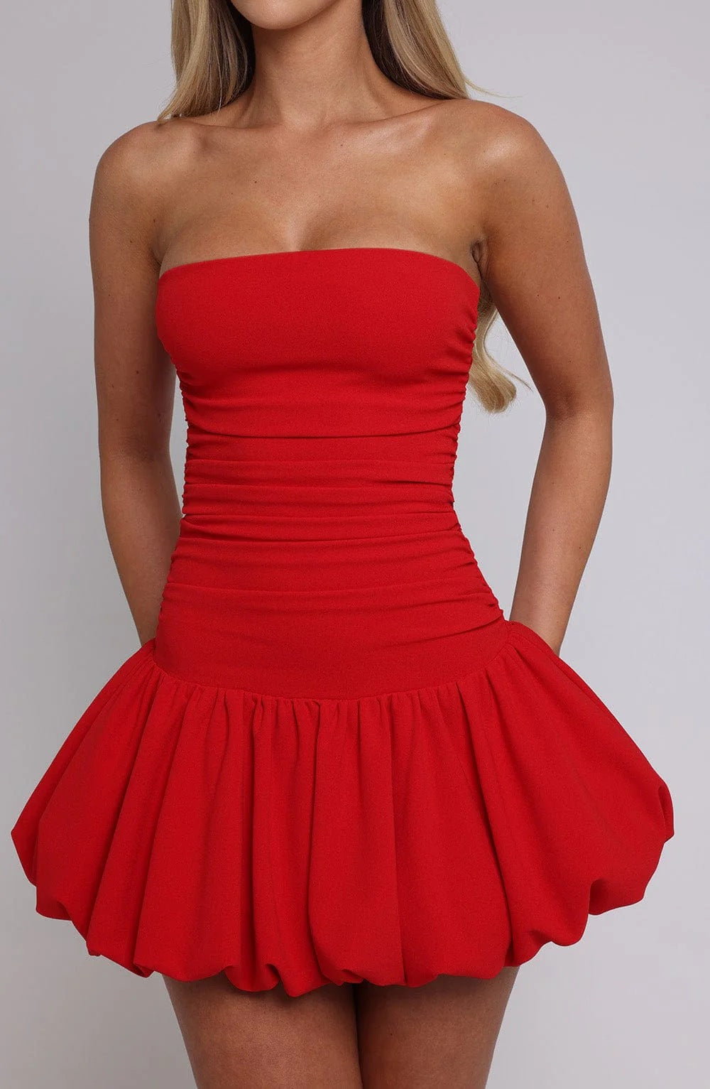 Strapless Ruched Bubble Hem Mini Dress - red - 11