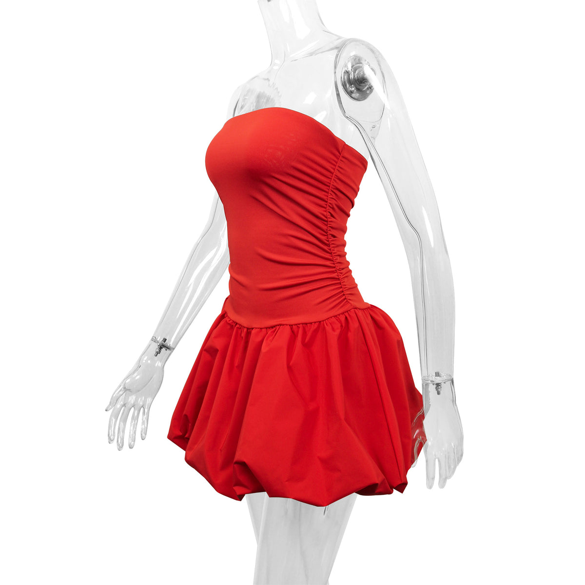 Strapless Ruched Bubble Hem Mini Dress - red - 2