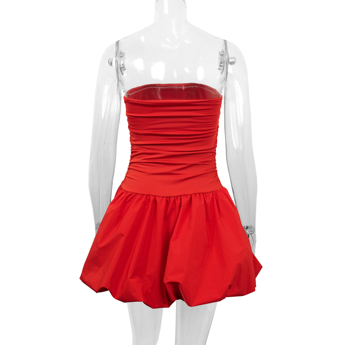 Strapless Ruched Bubble Hem Mini Dress - red - 3