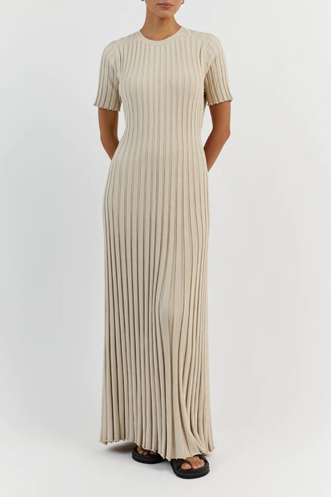 Short Sleeve Ribbed Pleat Maxi Dress - Beige
