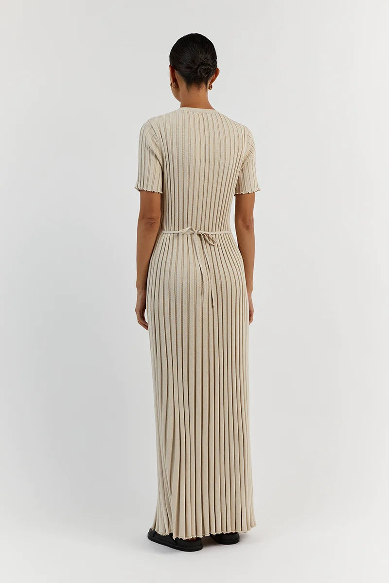 Short Sleeve Ribbed Pleat Maxi Dress - Beige - 1