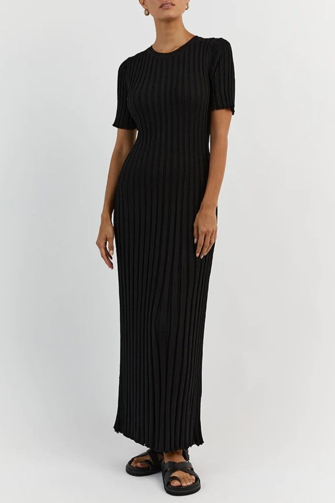 Short Sleeve Ribbed Pleat Maxi Dress - Black