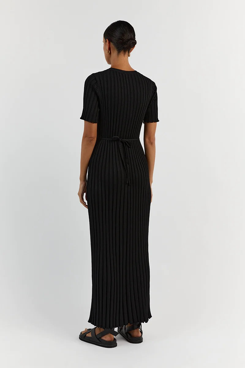Short Sleeve Ribbed Pleat Maxi Dress - Black - 1