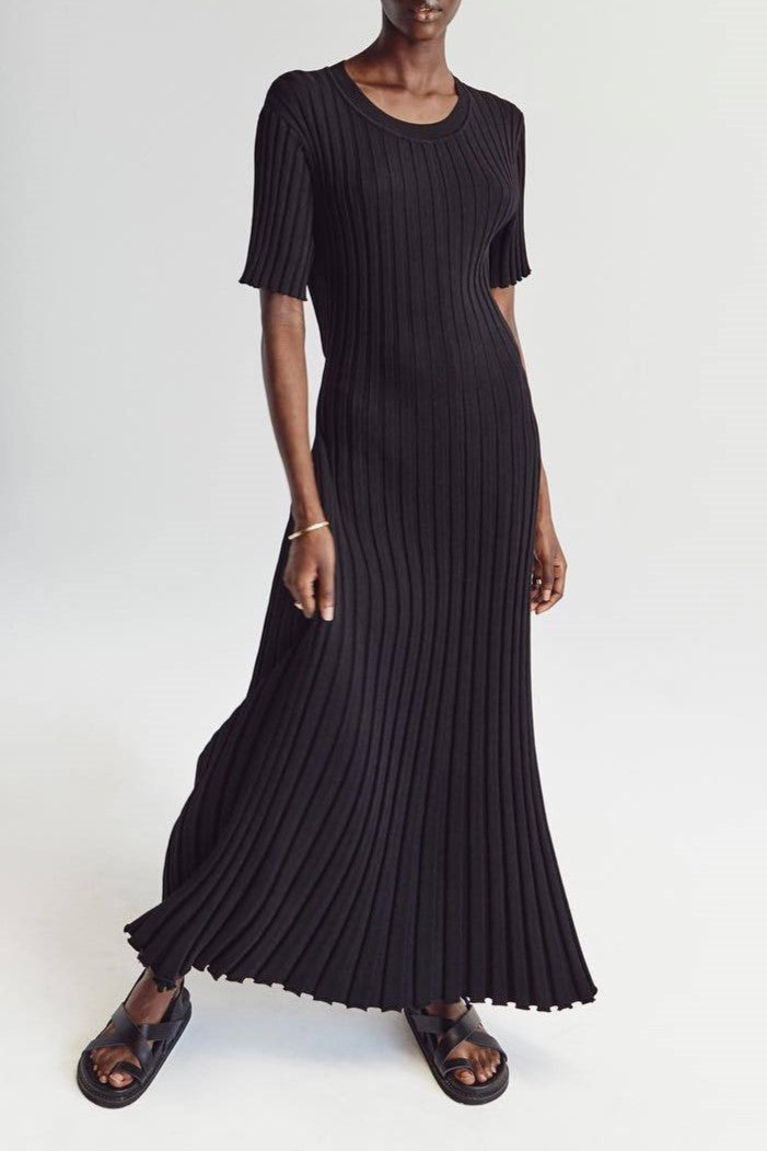 Short Sleeve Ribbed Pleat Maxi Dress - Black - 3
