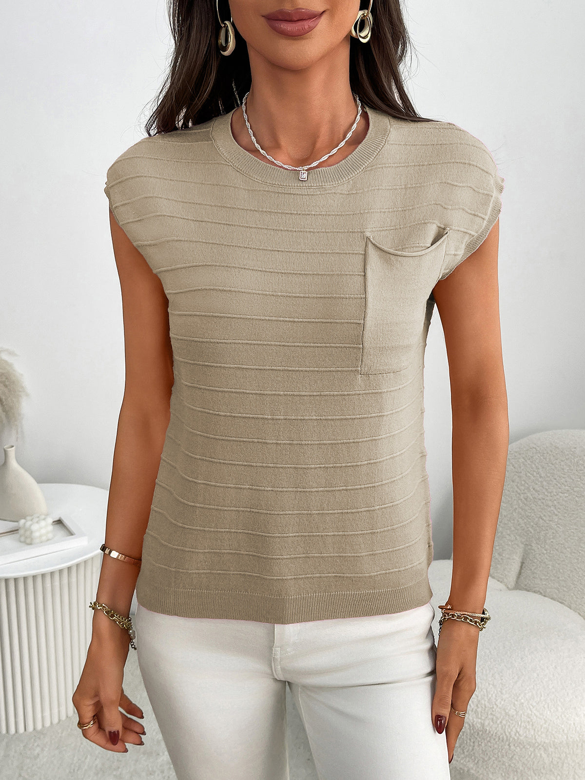 Textured Knit Cap Sleeve Pocket Top - Khaki - 1