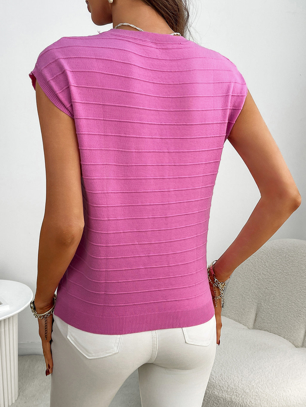Textured Knit Cap Sleeve Pocket Top - Rose - 3