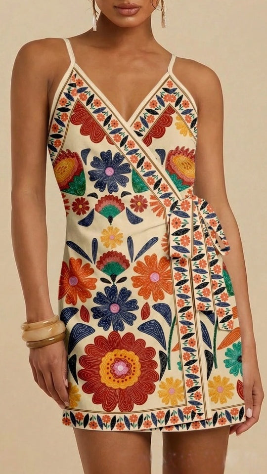 Tie Waist Scarf Print Wrap Mini Dress - Beige