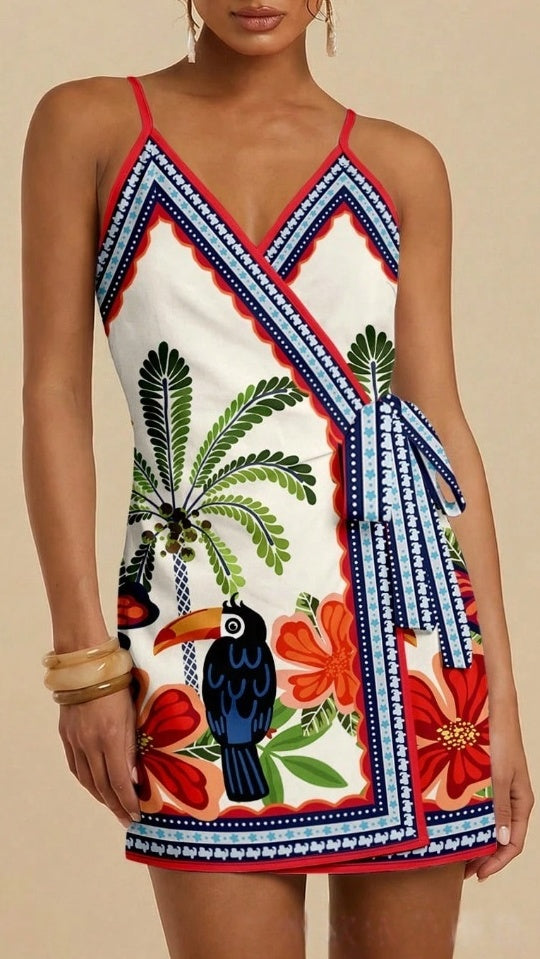 Tie Waist Scarf Print Wrap Mini Dress - Blue