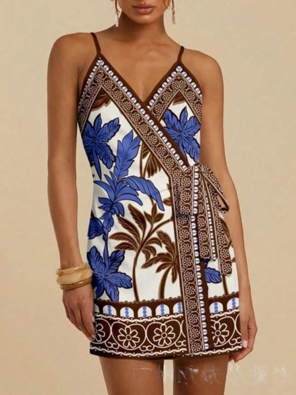 Tie Waist Scarf Print Wrap Mini Dress - Coffee