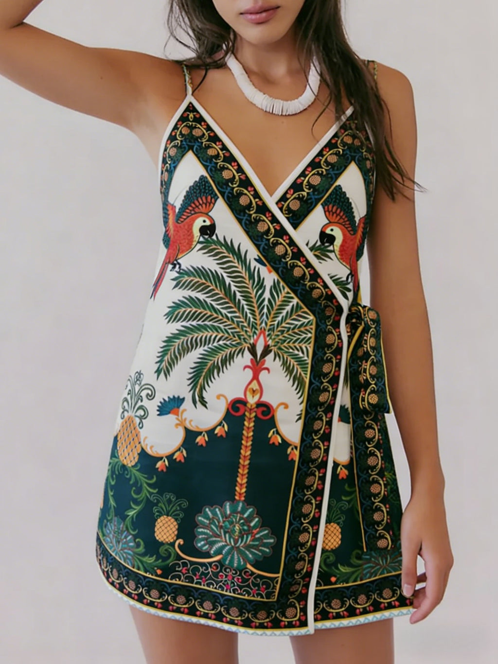 Tie Waist Scarf Print Wrap Mini Dress - DarkGreen
