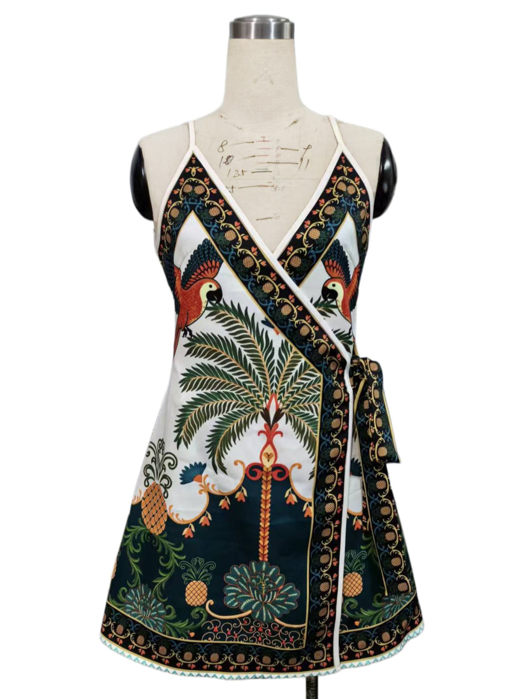 Tie Waist Scarf Print Wrap Mini Dress - DarkGreen - 1