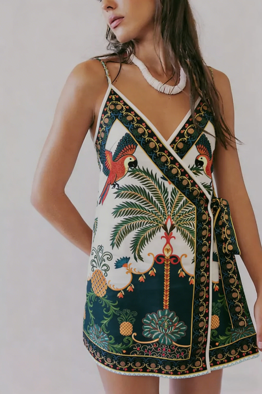 Tie Waist Scarf Print Wrap Mini Dress - DarkGreen - 2