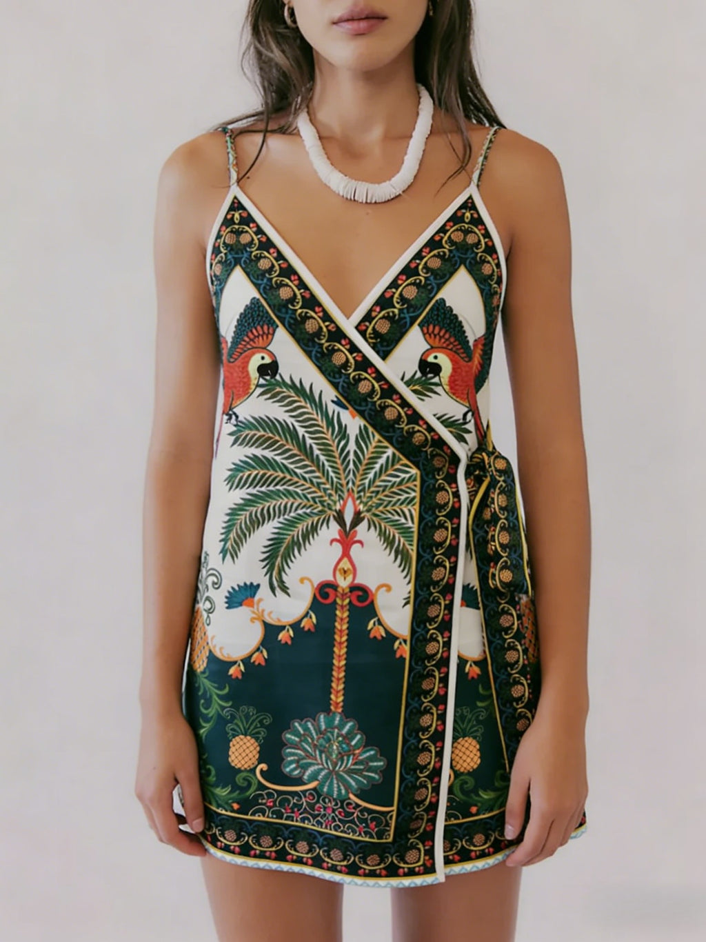 Tie Waist Scarf Print Wrap Mini Dress - DarkGreen - 3