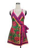 Tie Waist Scarf Print Wrap Mini Dress - Fuchsia