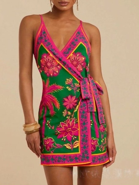 Tie Waist Scarf Print Wrap Mini Dress - Fuchsia - 1