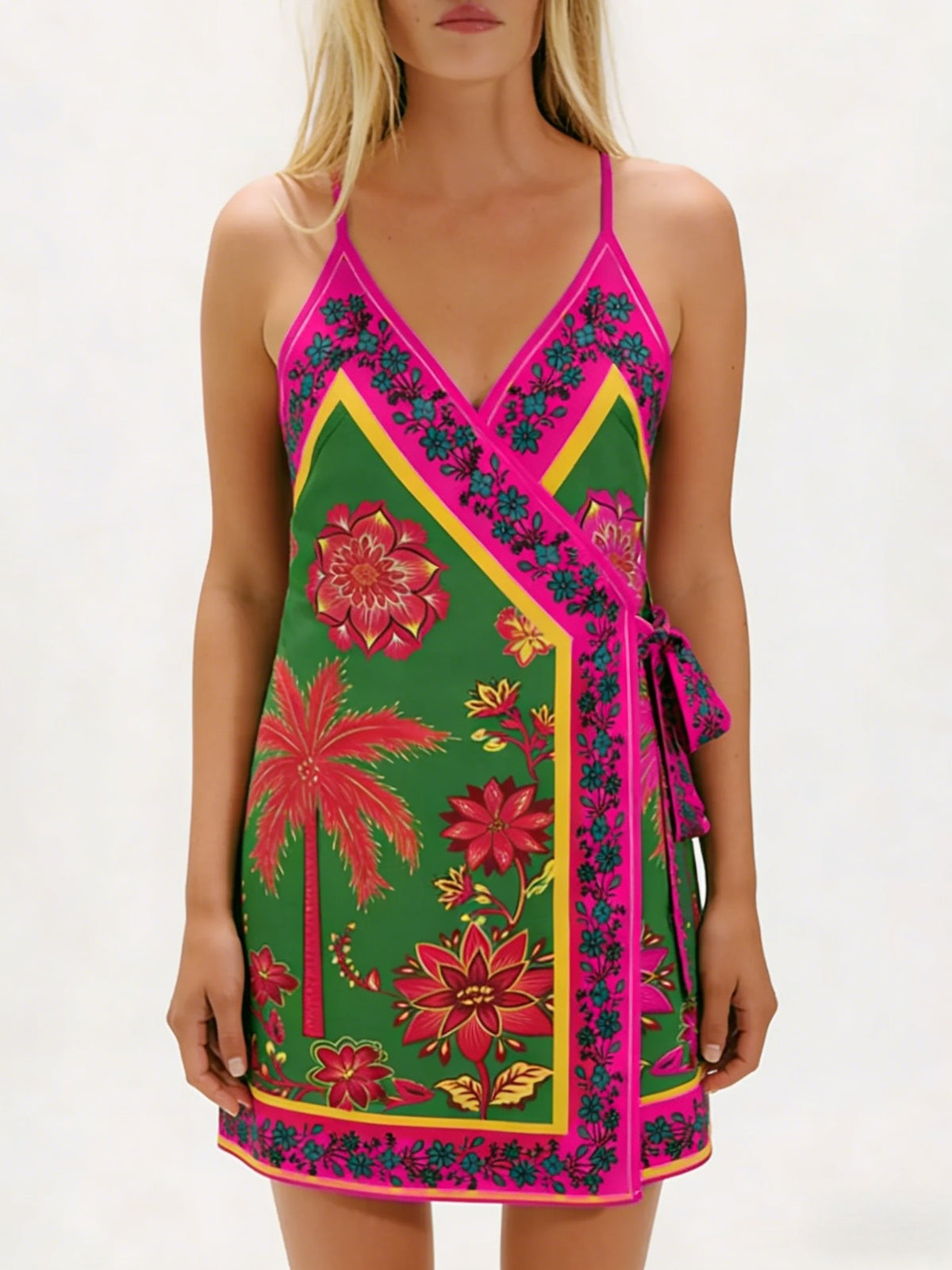 Tie Waist Scarf Print Wrap Mini Dress - Fuchsia - 5