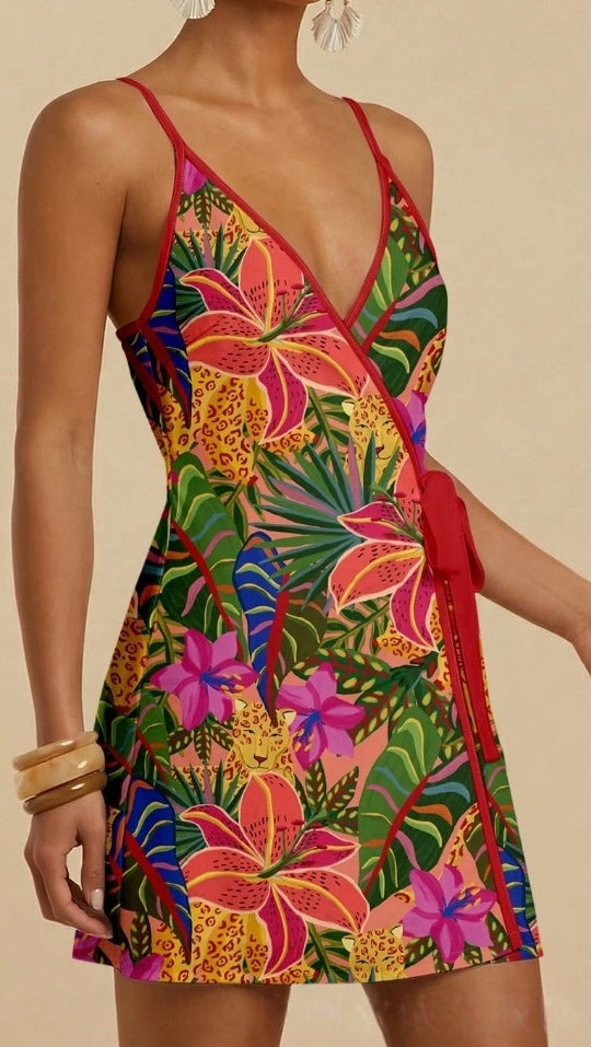 Tie Waist Scarf Print Wrap Mini Dress - Red
