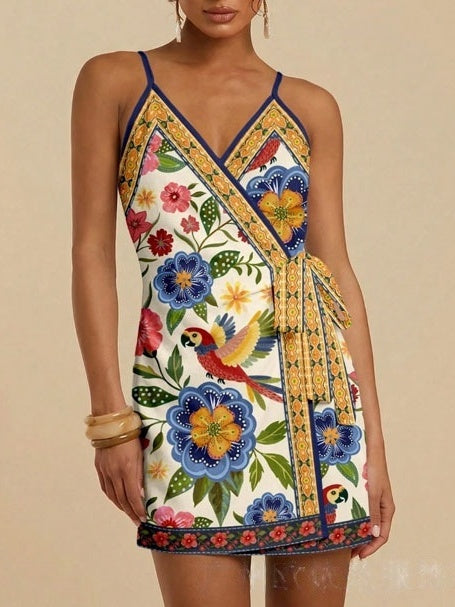 Tie Waist Scarf Print Wrap Mini Dress - Yellow