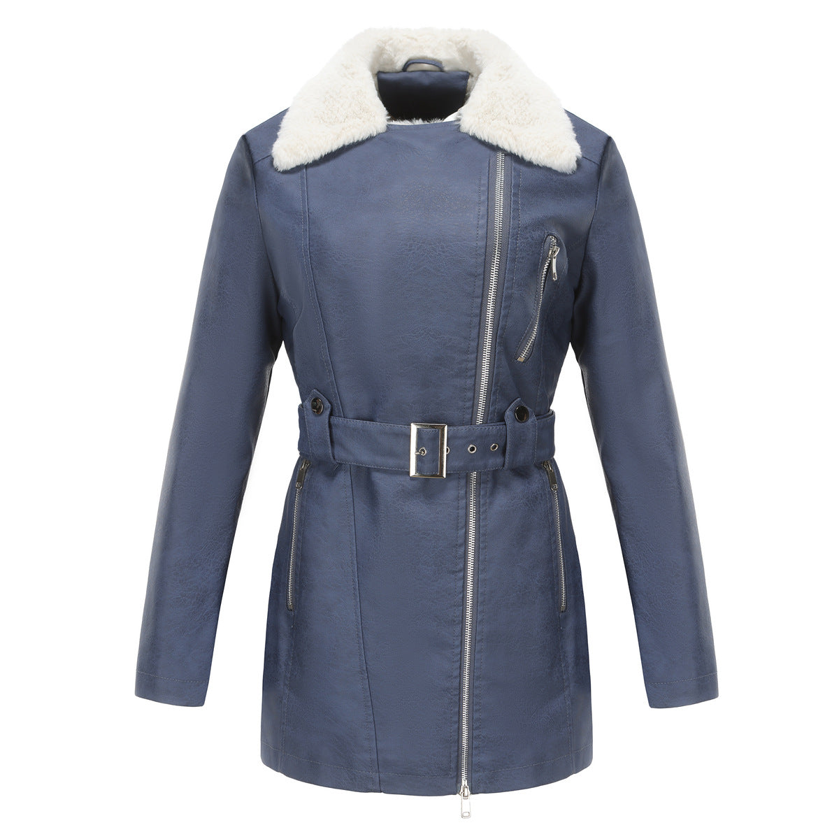 Sherpa Collar Belted Moto Jacket - Blue