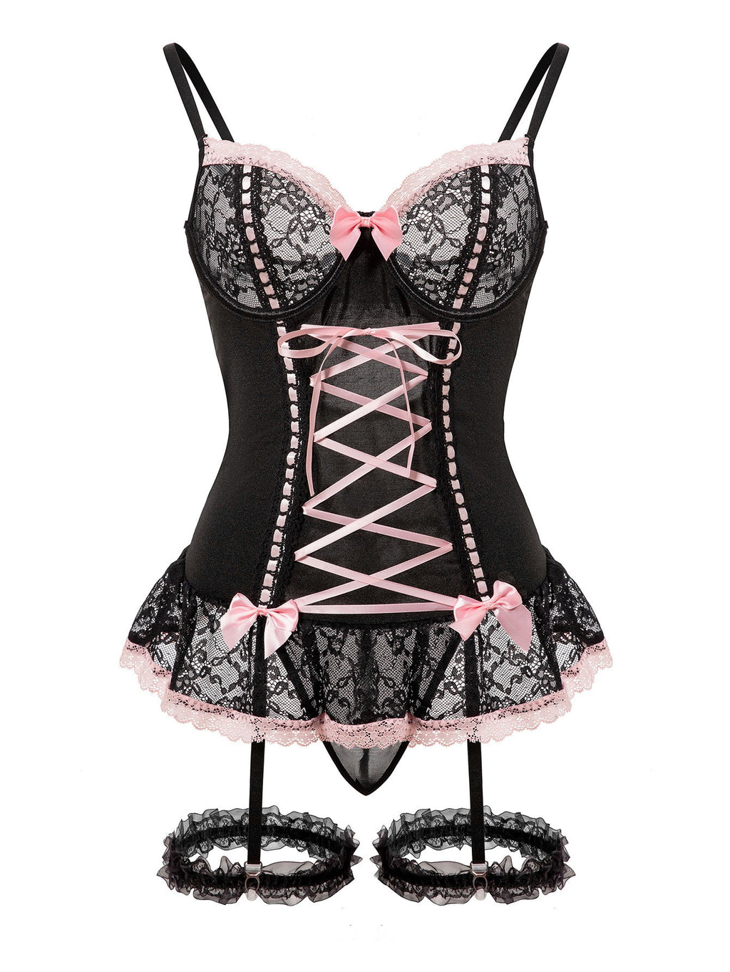 Lace Trim Corset Babydoll Garter Set With Thong - Black