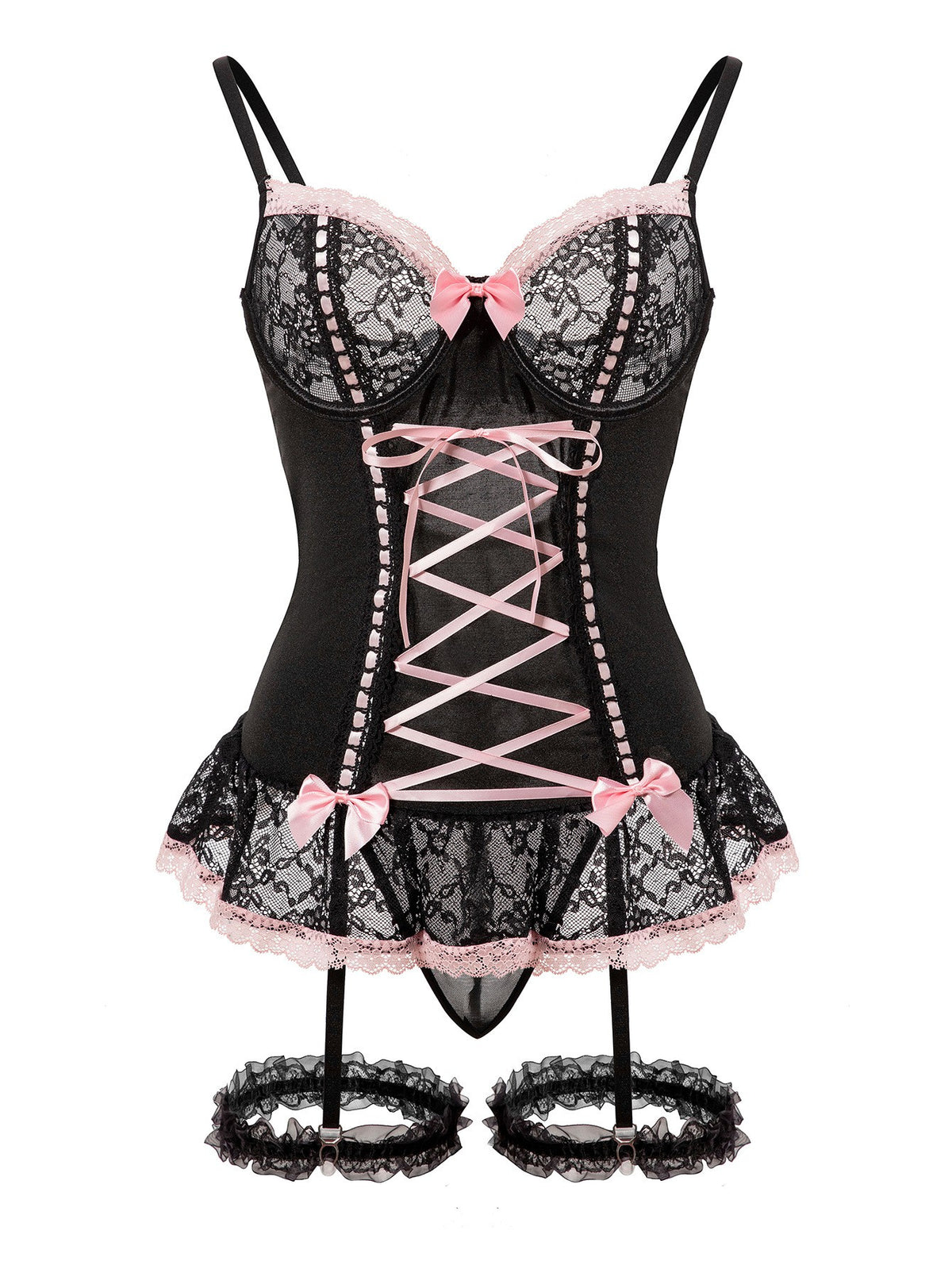 Lace Trim Corset Babydoll Garter Set With Thong - Black