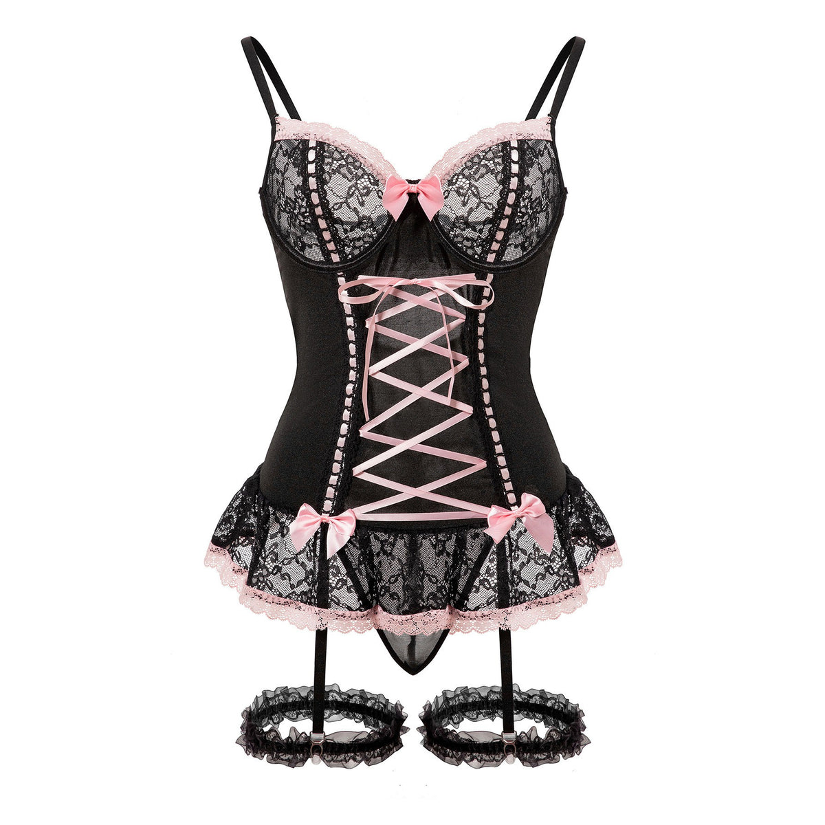 Lace Trim Corset Babydoll Garter Set With Thong